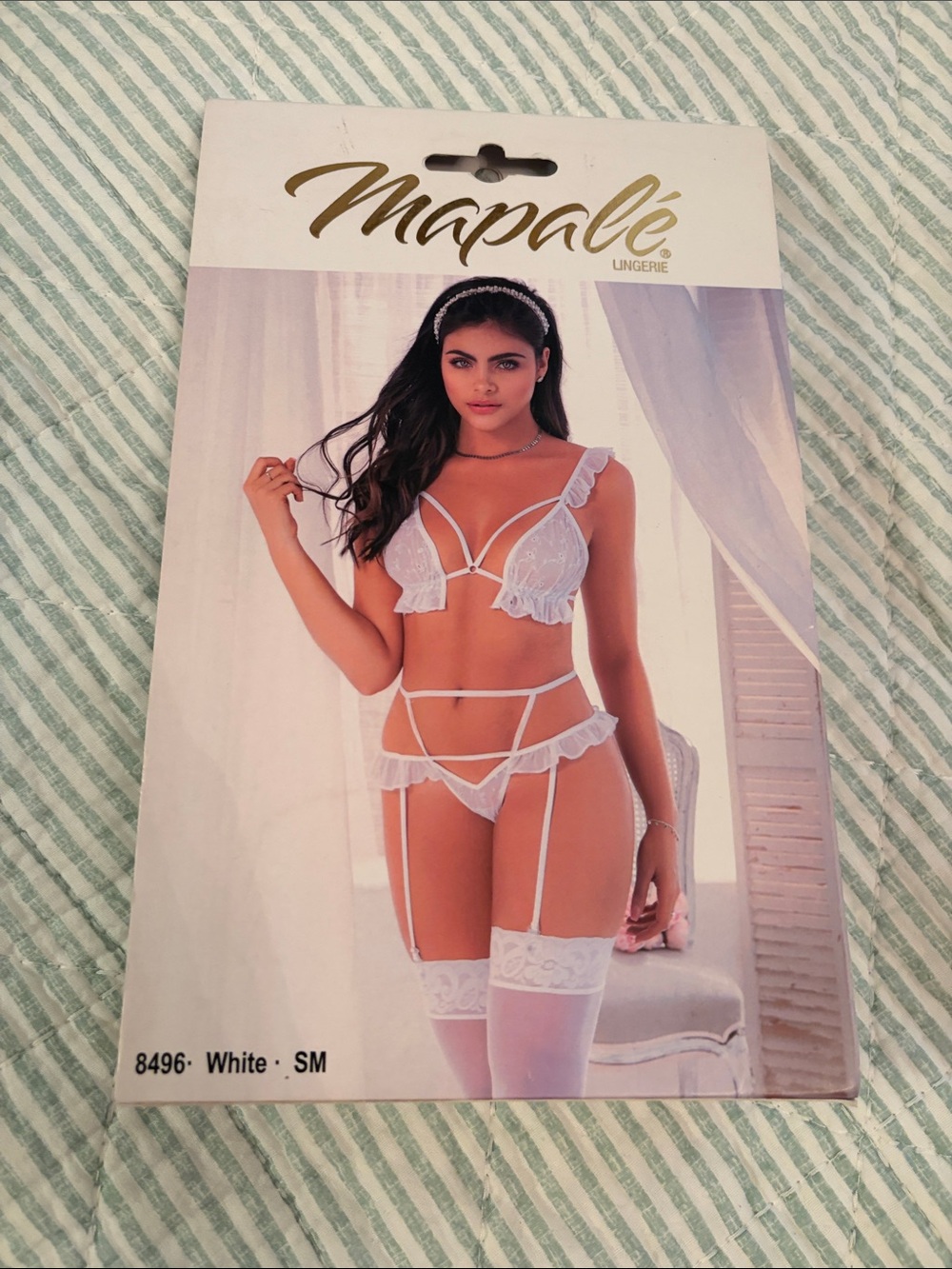 Napalé White eyelet Lace Strappy Bra & Garter Panty Set